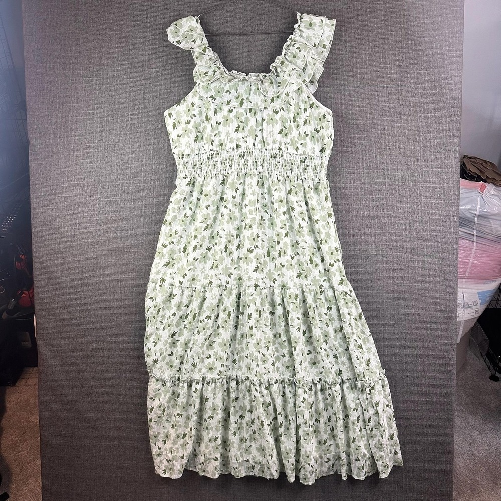 Mikarose Dress Womens Large Green White Floral The York Sage‎ Grove Maxi Ruffle